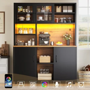Hoge keukenkast voor de woonkamer – 140 x 40 x 185 cm – met 4 deuren + LED-verlichting – retrostijl – MDF + glas – zwart