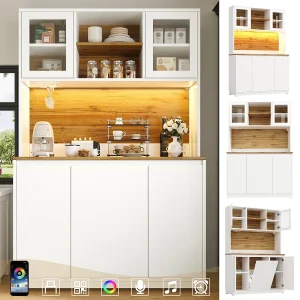 Hoog keukendressoir – 120 x 40 x 180 cm – met acryl deuren + LED-verlichting – MDF + metaal – wit Hoog keukendressoir – 120 x 40 x 180 cm – met acryl deuren + LED-verlichting – MDF + metaal – wit