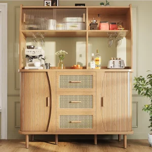 Hoog keukendressoir met rotanlook afwerking – 140 x 40,5 x 174,5 cm – met deuren, planken en lades – MDF en metaal – naturel Hoog keukendressoir met rotanlook afwerking – 140 x 40,5 x 174,5 cm – met deuren, planken en lades – MDF en metaal – naturel
