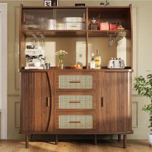 Hoog keukendressoir met rotanlook – 140 x 40,5 x 174,5 cm – met deuren + planken + lades – MDF + metaal – bruin Hoog keukendressoir met rotanlook – 140 x 40,5 x 174,5 cm – met deuren + planken + lades – MDF + metaal – bruin