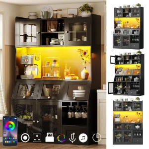 Hoge keukenkast – 120 x 40 x 181,7 cm – met USB-poort, LED-verlichting, deuren en planken – MDF – zwart Hoge keukenkast – 120 x 40 x 181,7 cm – met USB-poort, LED-verlichting, deuren en planken – MDF – zwart