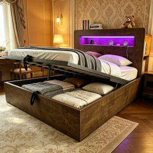 Hydraulisch opbergbed van hout – 140 x 200 cm – met opbergbaar hoofdeinde + LED-verlichting + stopcontacten – naturel Hydraulisch opbergbed van hout – 140 x 200 cm – met opbergbaar hoofdeinde + LED-verlichting + stopcontacten – naturel