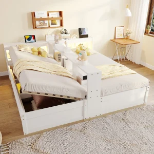 Hydraulisch tweepersoons opbergbed voor kinderen – 90/180 x 200 cm – met opbergplanken + LED-verlichting + stopcontact – MDF – wit Hydraulisch tweepersoons opbergbed voor kinderen – 90/180 x 200 cm – met opbergplanken + LED-verlichting + stopcontact – MDF – wit