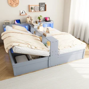 Hydraulisch opbergbed voor 2 kinderen – 90/180 x 200 cm – met opbergplanken + LED-verlichting + stopcontact – MDF – grijs Hydraulisch opbergbed voor 2 kinderen – 90/180 x 200 cm – met opbergplanken + LED-verlichting + stopcontact – MDF – grijs