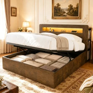 Hydraulisch opbergbed van hout – 180 x 200 cm – met opbergbaar hoofdeinde + LED-verlichting + stopcontacten – naturel Hydraulisch opbergbed van hout – 180 x 200 cm – met opbergbaar hoofdeinde + LED-verlichting + stopcontacten – naturel