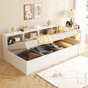 Hydraulisch opbergbed voor kinderen – 90 x 200 cm – slaapbank met opbergplanken + LED-verlichting + stopcontact – MDF – wit Hydraulisch opbergbed voor kinderen – 90 x 200 cm – slaapbank met opbergplanken + LED-verlichting + stopcontact – MDF – wit