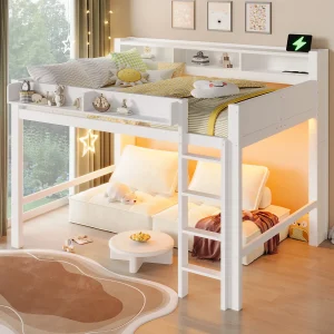 Houten kinderhoogslaper – 140 x 200 cm – met opbergvakken + LED-verlichting + USB – MDF – wit Houten kinderhoogslaper – 140 x 200 cm – met opbergvakken + LED-verlichting + USB – MDF – wit