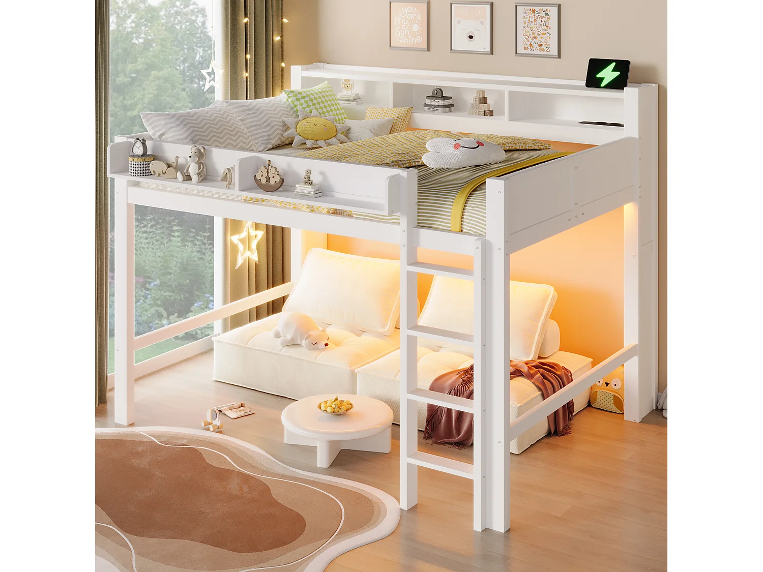 Houten kinderhoogslaper - 140 x 200 cm - met opbergvakken + LED-verlichting + USB - MDF - wit
