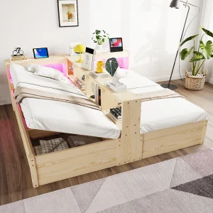 Hydraulisch opbergbed voor 2 kinderen – 90/180 x 200 cm – met opbergplanken + LED-verlichting + stopcontact – MDF – naturel Hydraulisch opbergbed voor 2 kinderen – 90/180 x 200 cm – met opbergplanken + LED-verlichting + stopcontact – MDF – naturel