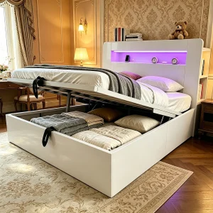 Hydraulisch opbergbed van hout – 140 x 200 cm – met opbergbaar hoofdeinde + LED-verlichting + stopcontacten – wit Hydraulisch opbergbed van hout – 140 x 200 cm – met opbergbaar hoofdeinde + LED-verlichting + stopcontacten – wit