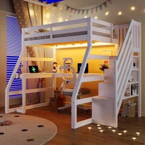 Houten kinderhoogslaper – 90 x 200 cm – met bureau + ledverlichting + USB-poort + opbergladder – MDF – wit Houten kinderhoogslaper – 90 x 200 cm – met bureau + ledverlichting + USB-poort + opbergladder – MDF – wit
