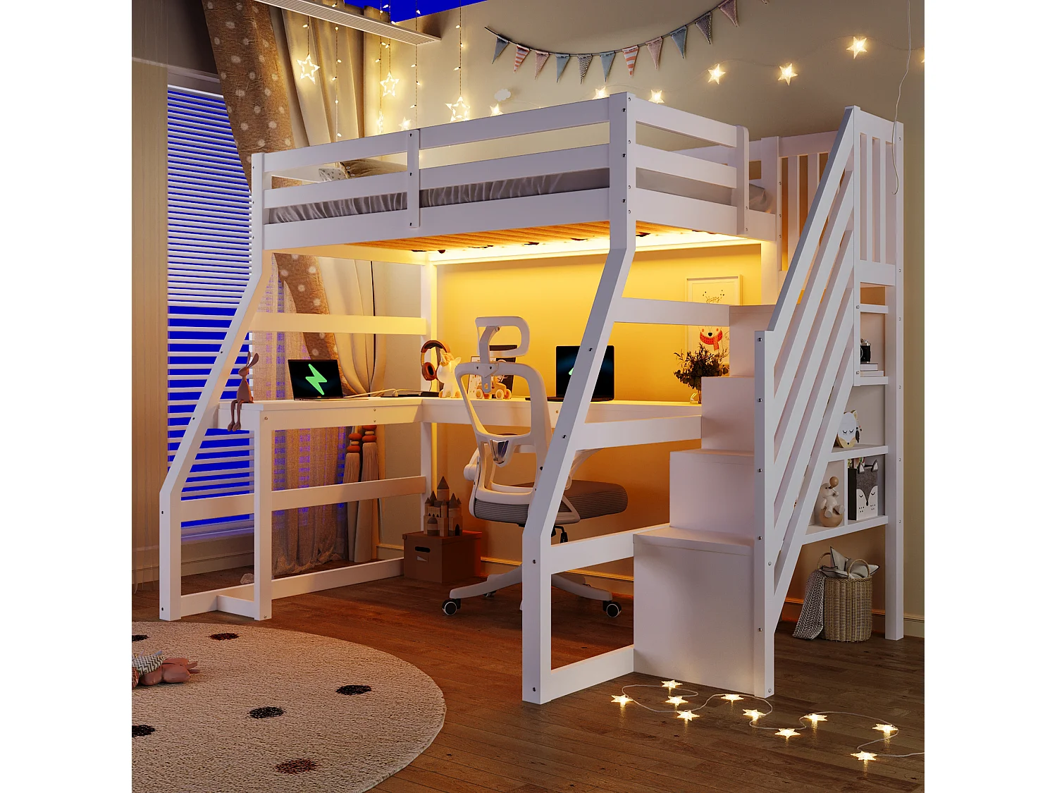 Houten kinderhoogslaper - 90 x 200 cm - met bureau + ledverlichting + USB-poort + opbergladder - MDF - wit