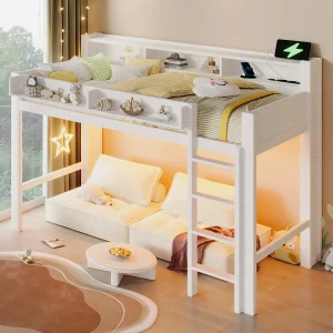 Houten kinderhoogslaper – 90 x 200 cm – met opbergvakken + LED-verlichting + USB – MDF – wit Houten kinderhoogslaper – 90 x 200 cm – met opbergvakken + LED-verlichting + USB – MDF – wit
