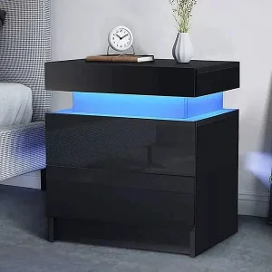 Hoogglans nachtkastje met LED-verlichting, ladekast met 2 lades, nachtkastje, slaapkamermeubilair – 45x35x52cm – zwart Hoogglans nachtkastje met LED-verlichting, ladekast met 2 lades, nachtkastje, slaapkamermeubilair – 45x35x52cm – zwart