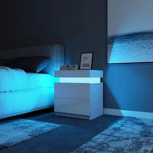 Hoogglans nachtkastje met LED-verlichting, kast met 2 lades, kledingkast, nachtkastje, slaapkamermeubilair – 45x35x52cm – wit Hoogglans nachtkastje met LED-verlichting, kast met 2 lades, kledingkast, nachtkastje, slaapkamermeubilair – 45x35x52cm – wit