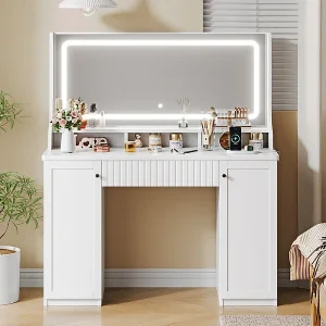 Kaptafel, Grote LED-spiegel met instelbare helderheid, 1 La en 2 Deuren, 2 AC-stopcontacten en 2 USB-poorten, Wit, 110x40x135cm Kaptafel, Grote LED-spiegel met instelbare helderheid, 1 La en 2 Deuren, 2 AC-stopcontacten en 2 USB-poorten, Wit, 110x40x135cm
