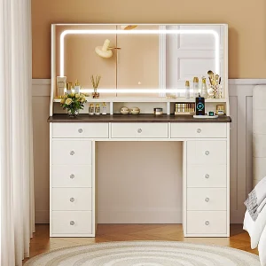 Kaptafel met grote spiegel en LED-verlichting, stopcontact + USB, helderheid instelbaar, 11 Lades, Chocoladebruin, 110x40x135cm Kaptafel met grote spiegel en LED-verlichting, stopcontact + USB, helderheid instelbaar, 11 Lades, Chocoladebruin, 110x40x135cm