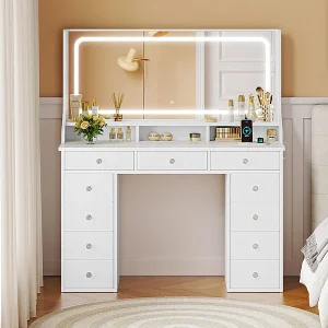 Kaptafel met grote spiegel en LED-verlichting, stopcontact + USB, helderheid instelbaar, 11 Lades, Wit, 110x40x135cm Kaptafel met grote spiegel en LED-verlichting, stopcontact + USB, helderheid instelbaar, 11 Lades, Wit, 110x40x135cm