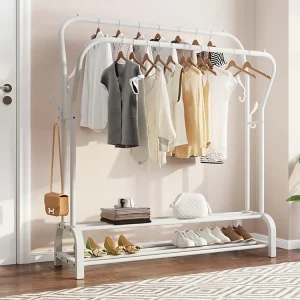 Kapstok Dubbel Kledingrek met Schoenenplank 4 Haken Garderobe,110x35x146cm – Wit Kapstok Dubbel Kledingrek met Schoenenplank 4 Haken Garderobe,110x35x146cm – Wit