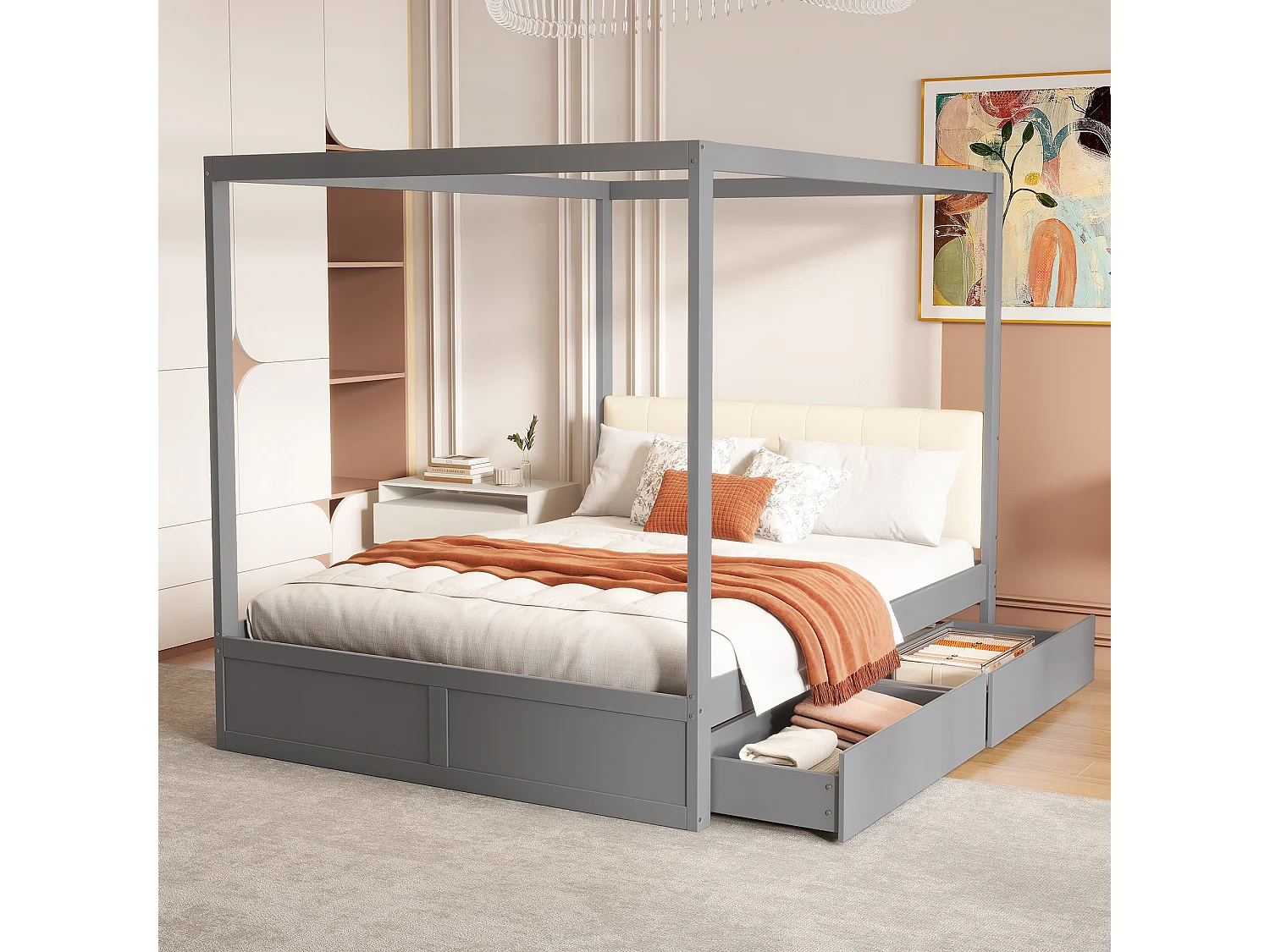 Kajuitbed 140x200 cm - met hoofdbord en 2 lades - grijs
