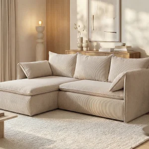 Hoekslaapbank TEODORA van PASCAL MORABITO – Ribfluweel – Beige – Hoek links – Koop online