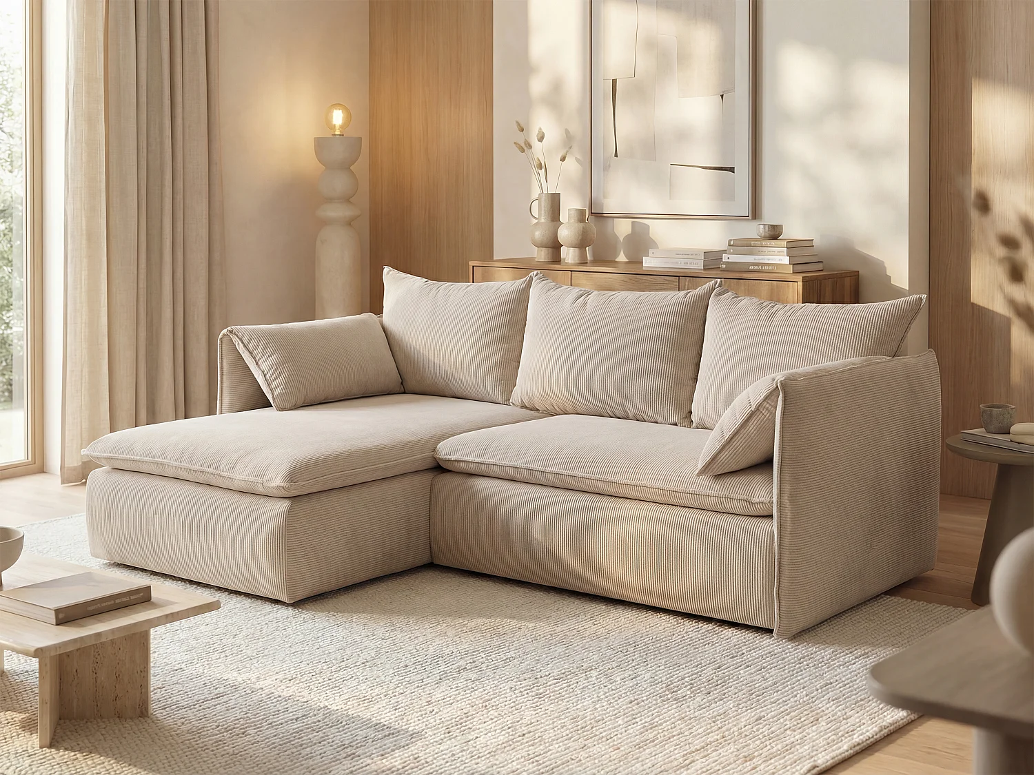 Hoekslaapbank TEODORA van PASCAL MORABITO - Ribfluweel - Beige - Hoek links - Koop online