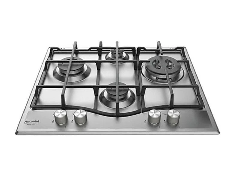 Hotpoint 60cm Gas Kookplaat 4 Branders 8850W - Inox Triple Crown - Directe Ontsteking - Veiligheidsvoorzieningen