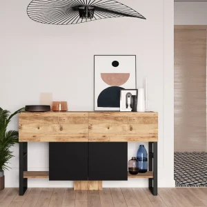 Industriële console TARI met opbergruimte in natuurlijk hout en zwart metaal Industriële console TARI met opbergruimte in natuurlijk hout en zwart metaal