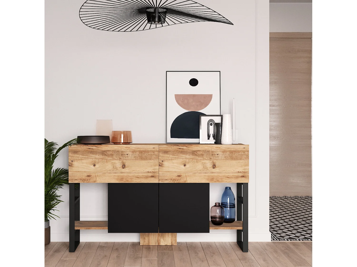 Industriële console TARI met opbergruimte in natuurlijk hout en zwart metaal