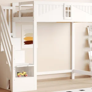 Hoogbed 90×200 cm – met opbergruimte – met ladder – met hekwerk – wit (zonder matras) Hoogbed 90×200 cm – met opbergruimte – met ladder – met hekwerk – wit (zonder matras)