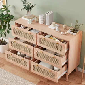 Houten ladekast met 6 rotan lades – Natuurlijk design, stabiel en ruim Houten ladekast met 6 rotan lades – Natuurlijk design, stabiel en ruim