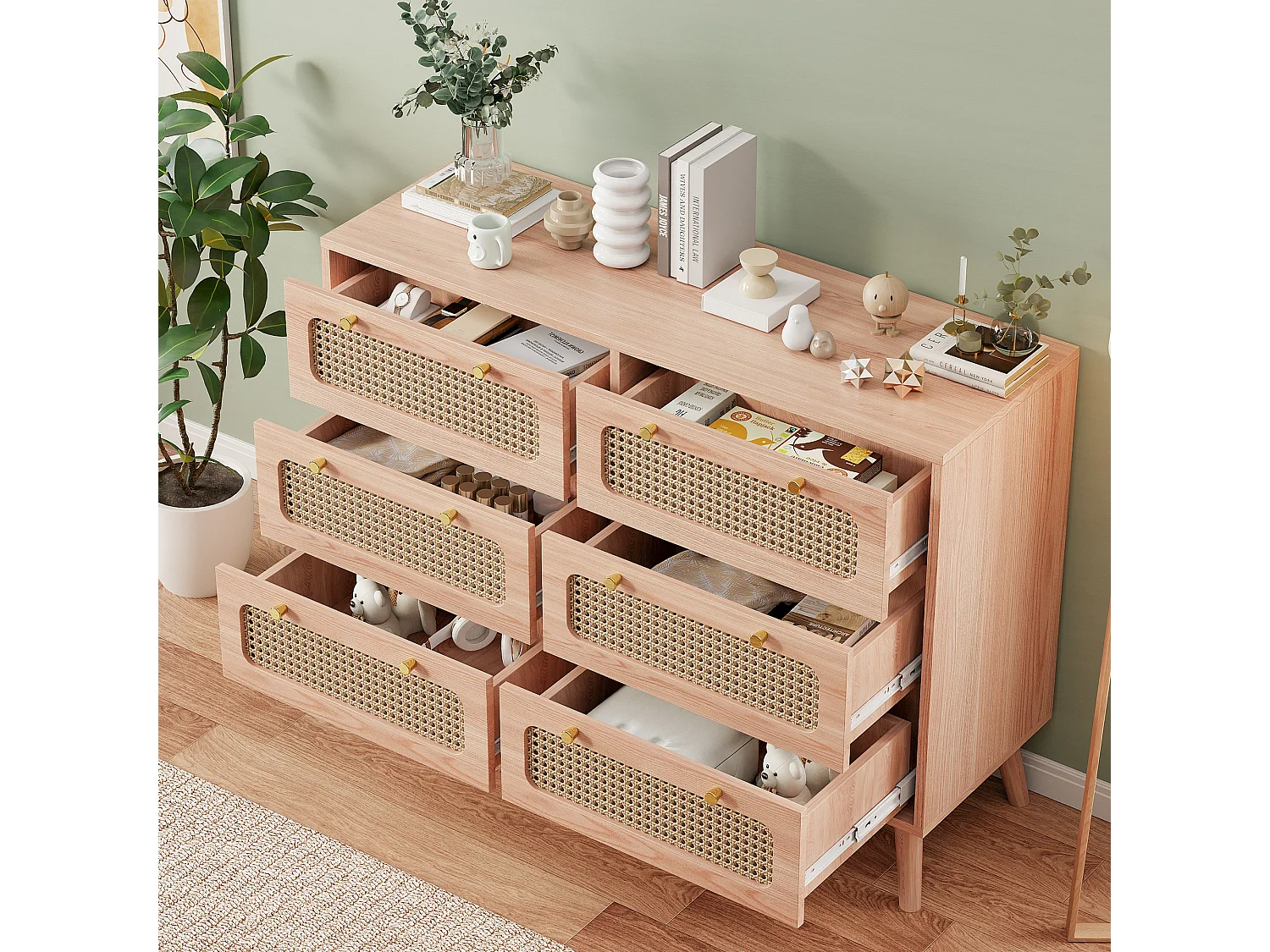 Houten ladekast met 6 rotan lades – Natuurlijk design, stabiel en ruim