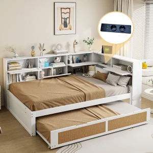 Houten slaapbank 140×200 cm, multifunctioneel bed voor kinderen, opberg- en oplaadpoorten – wit Houten slaapbank 140×200 cm, multifunctioneel bed voor kinderen, opberg- en oplaadpoorten – wit