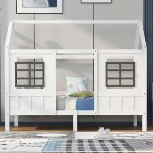 Huisbed, eenpersoonsbed, slaapbank, kinderbed met 2 ramen, grenen frame, MDF, wit (200x90cm)