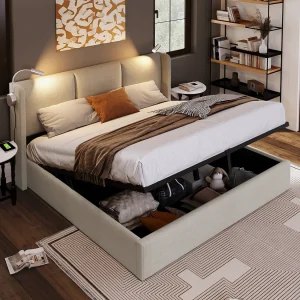Hydraulisch bed met leeslamp – 160×200 cm – USB-oplaadfunctie en grote opbergruimte – Linnen – Beige