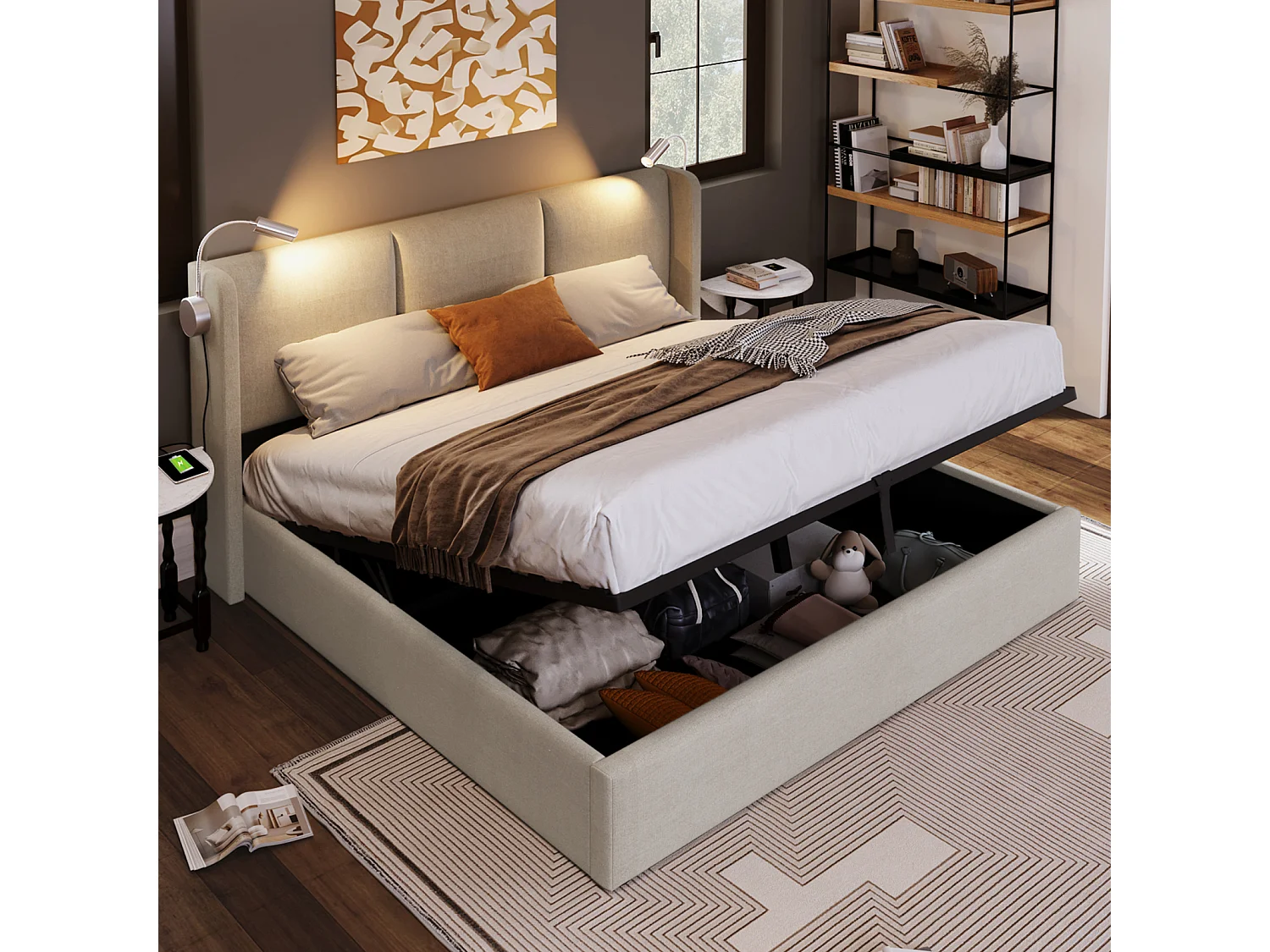 Hydraulisch bed met leeslamp - 160x200 cm - USB-oplaadfunctie en grote opbergruimte - Linnen - Beige