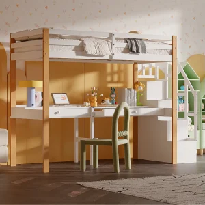 stapelbed 90 x 200, hoogslaper met bureau, kinderbed met opbergtrap, veiligheidsleuning, Wit stapelbed 90 x 200, hoogslaper met bureau, kinderbed met opbergtrap, veiligheidsleuning, Wit