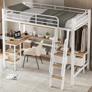 Hoogslaper van metaal, 90×200 cm, met 4-laags legplank, leuning, hoekkast met hangstang – Metaal en MDF, Wit en Naturel Hoogslaper van metaal, 90×200 cm, met 4-laags legplank, leuning, hoekkast met hangstang – Metaal en MDF, Wit en Naturel