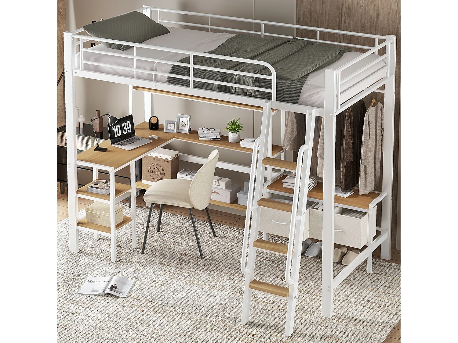 Hoogslaper van metaal, 90x200 cm, met 4-laags legplank, leuning, hoekkast met hangstang – Metaal en MDF, Wit en Naturel