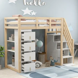 Hoogslaper 90×200 cm met opberglades, meerdere legplanken, veilige ladder met lades, multifunctioneel bed van massief hout Hoogslaper 90×200 cm met opberglades, meerdere legplanken, veilige ladder met lades, multifunctioneel bed van massief hout