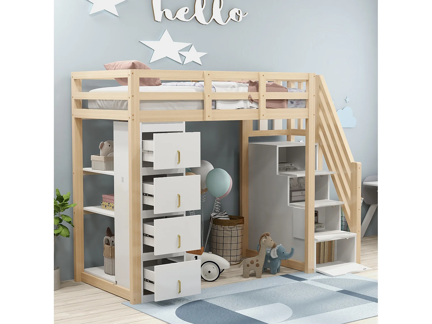 Hoogslaper 90x200 cm met opberglades, meerdere legplanken, veilige ladder met lades, multifunctioneel bed van massief hout