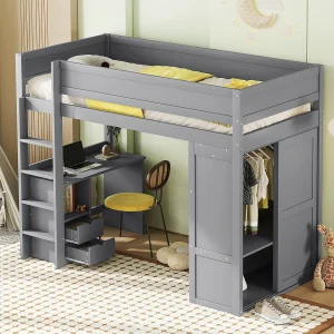 Hoogslaper 90×200 cm, multifunctioneel kinderbed met kledingkast, bureau en lades – grijs Hoogslaper 90×200 cm, multifunctioneel kinderbed met kledingkast, bureau en lades – grijs