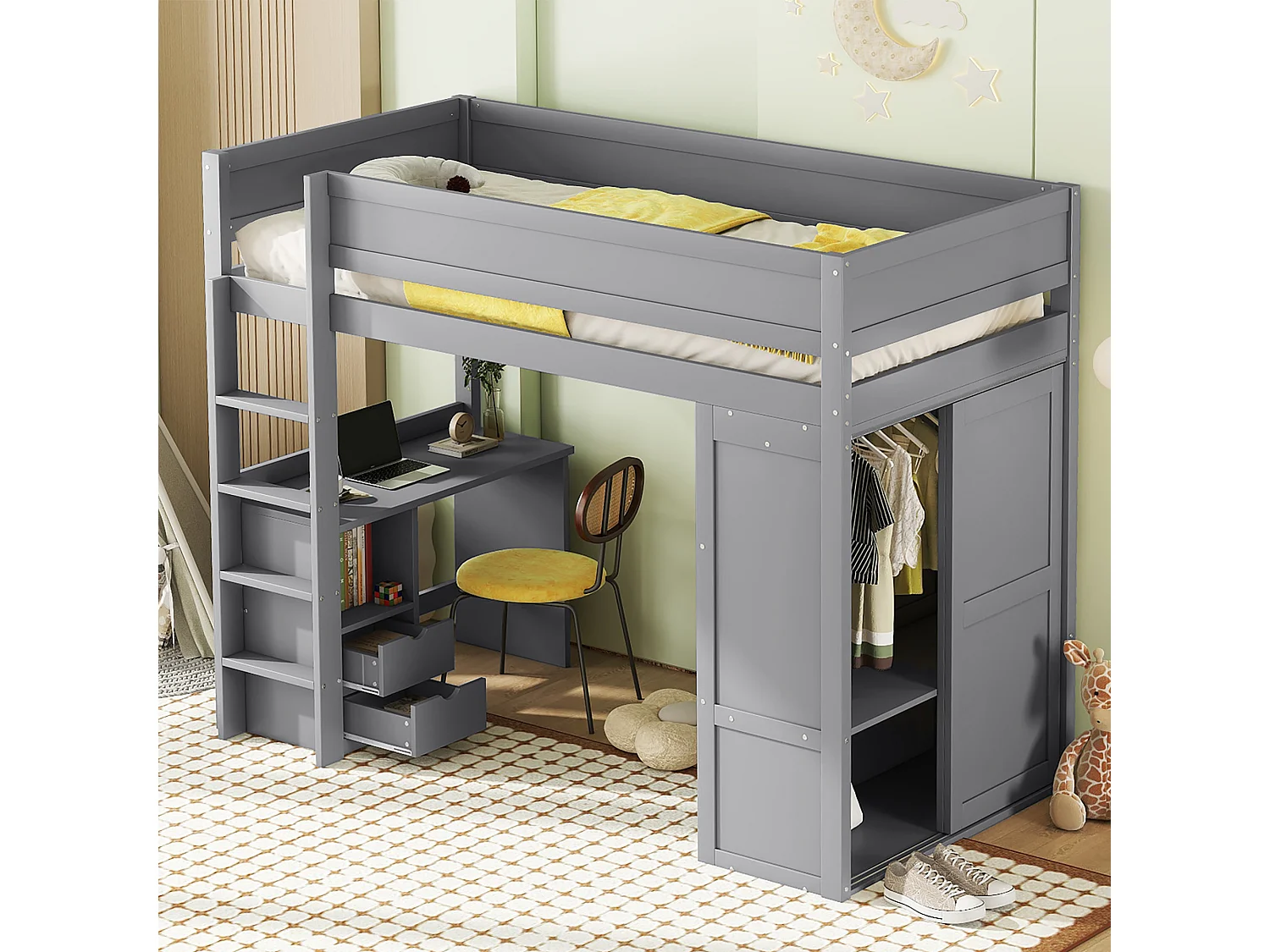Hoogslaper 90x200 cm, multifunctioneel kinderbed met kledingkast, bureau en lades - grijs