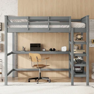 Hoogslaper 140×200 cm, kinderbed met opbergruimte en bureau eronder, zonder matras, grijs