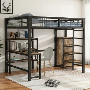 Hoogslaper van zwart metaal 140×200 cm – Ladder met planken, geïntegreerd bureau en kledingkast, zonder matras Hoogslaper van zwart metaal 140×200 cm – Ladder met planken, geïntegreerd bureau en kledingkast, zonder matras