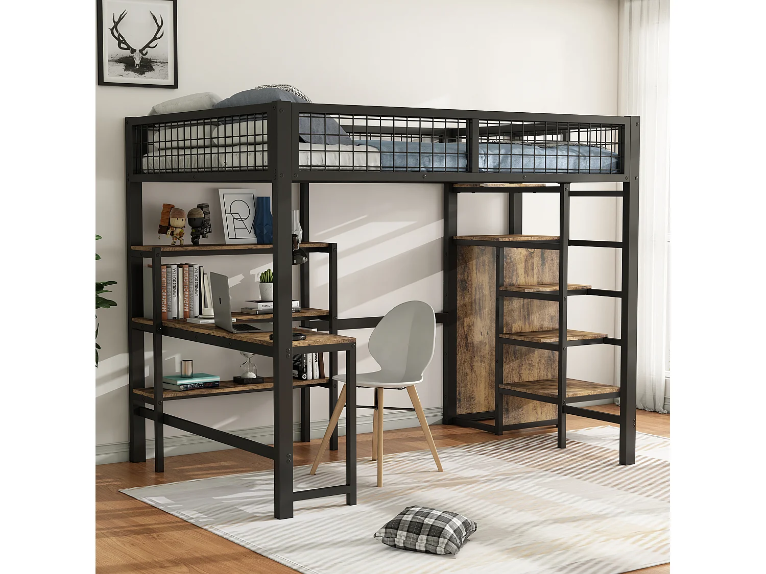 Hoogslaper van zwart metaal 140x200 cm – Ladder met planken, geïntegreerd bureau en kledingkast, zonder matras