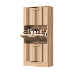Houten schoenenkast met 3 neerklapbare deuren, grote capaciteit, houtlook, 60x24x113cm Houten schoenenkast met 3 neerklapbare deuren, grote capaciteit, houtlook, 60x24x113cm