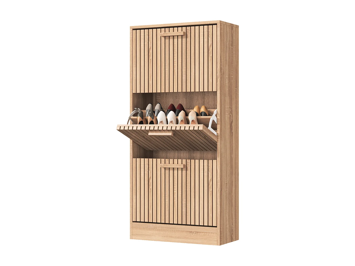 Houten schoenenkast met 3 neerklapbare deuren, grote capaciteit, houtlook, 60x24x113cm