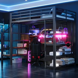 Hoogslaper van smeedijzer 140×200 cm – met bureau – met stopcontact – met LED-verlichting – zwart (matras niet inbegrepen) Hoogslaper van smeedijzer 140×200 cm – met bureau – met stopcontact – met LED-verlichting – zwart (matras niet inbegrepen)