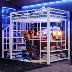 Hoogslaper van smeedijzer 140×200 cm – met bureau – met stopcontact – met LED-verlichting – wit (matras niet inbegrepen) Hoogslaper van smeedijzer 140×200 cm – met bureau – met stopcontact – met LED-verlichting – wit (matras niet inbegrepen)